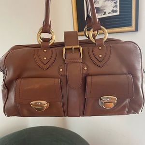 Marc Jacobs designer camel leather satchel w/ red jewel tone lambskin interior